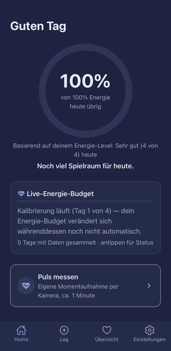 Taktwohl Home-Screen mit Energie-Ring und Live-Energie-Budget