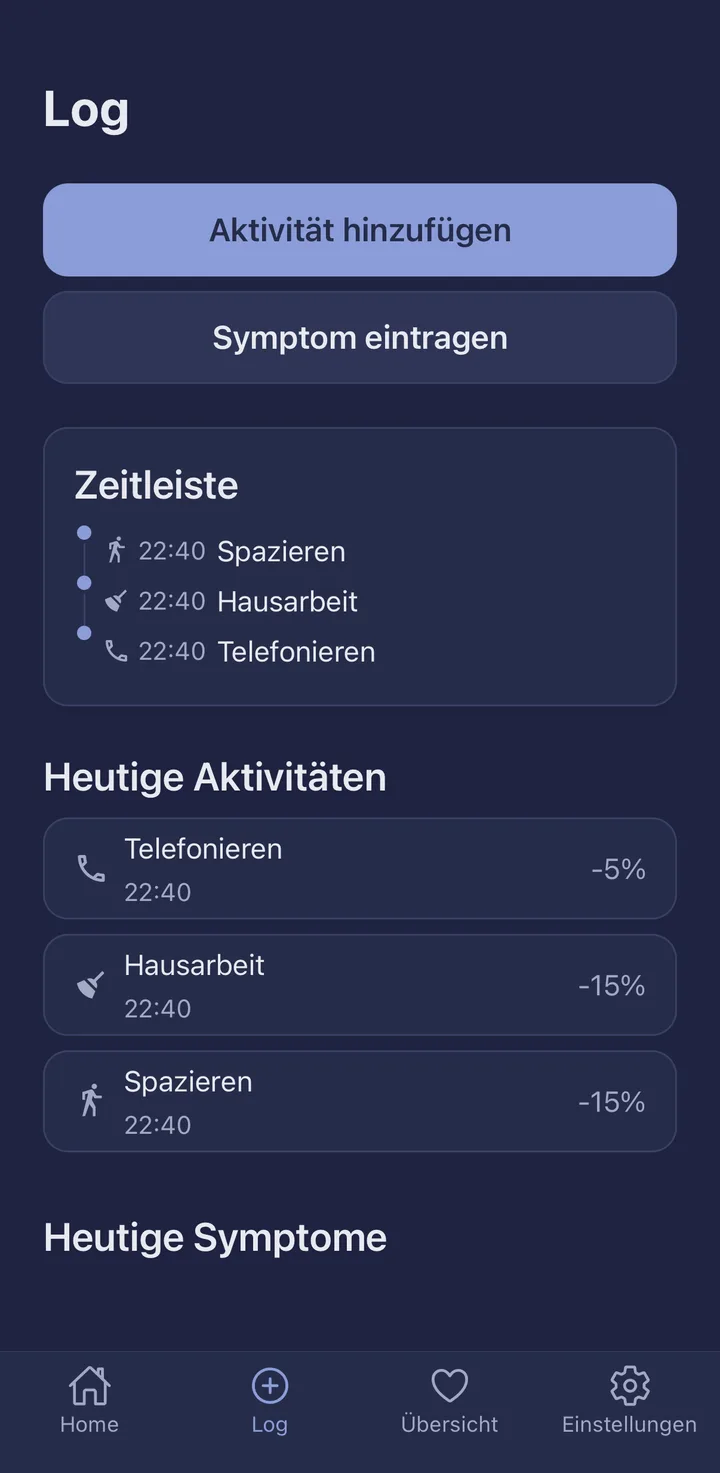 Taktwohl Log-Screen mit Zeitleiste und heutigen Aktivitäten